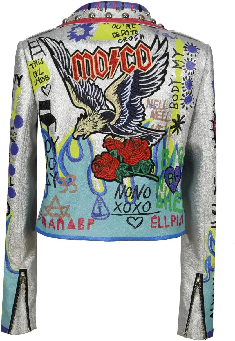 Fashion SX Women's Punk Floral Embroidered short Faux Leather Jacket Moto PU Coat