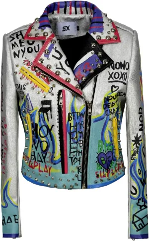 Fashion SX Women's Punk Floral Embroidered short Faux Leather Jacket Moto PU Coat
