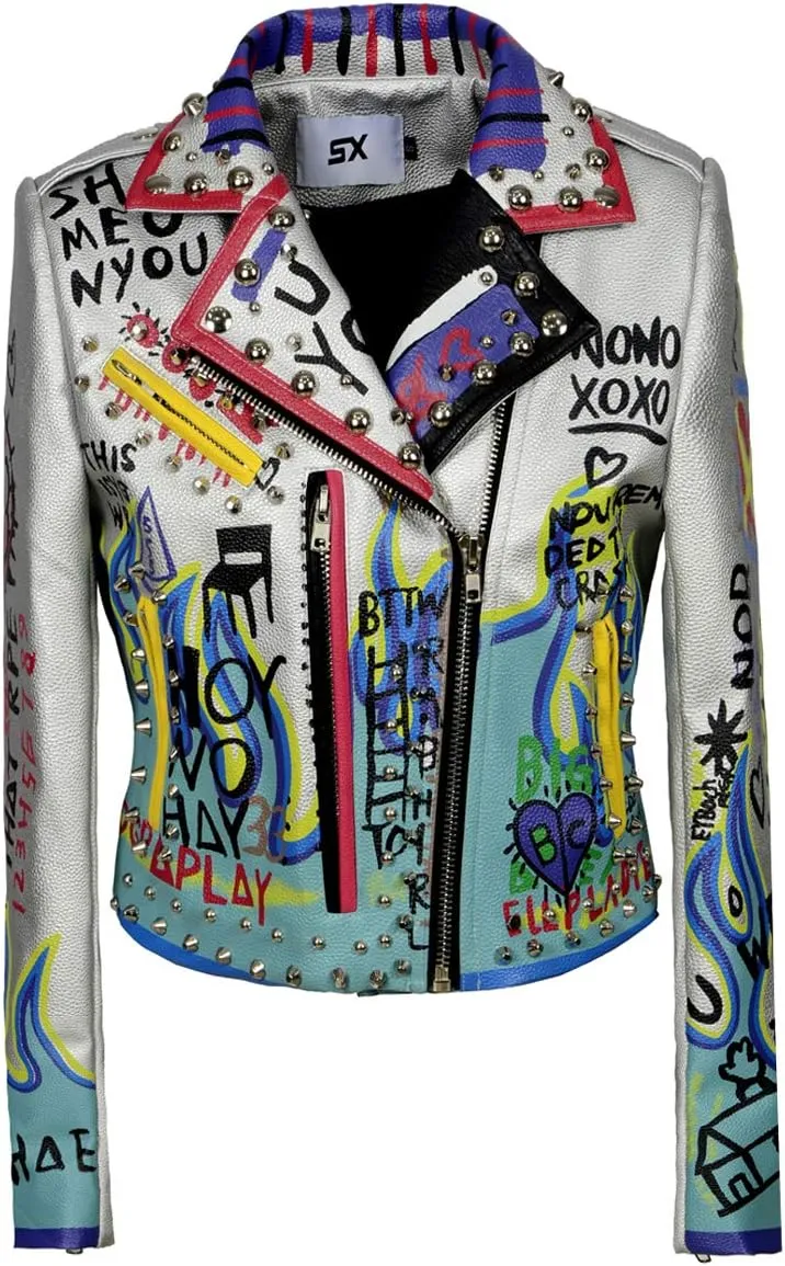 Fashion SX Women's Punk Floral Embroidered short Faux Leather Jacket Moto PU Coat