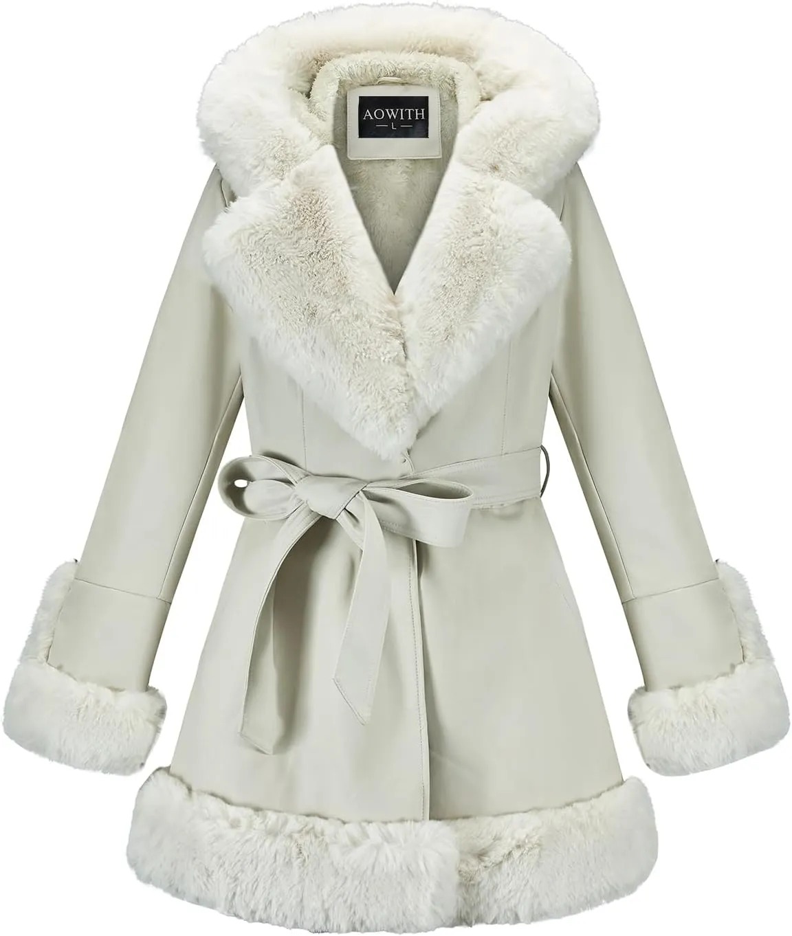 Faux Leather Jacket for Women with Faux Fur Collar Long Sleeve Parka with Pockets Warm Winter Coat with Belt