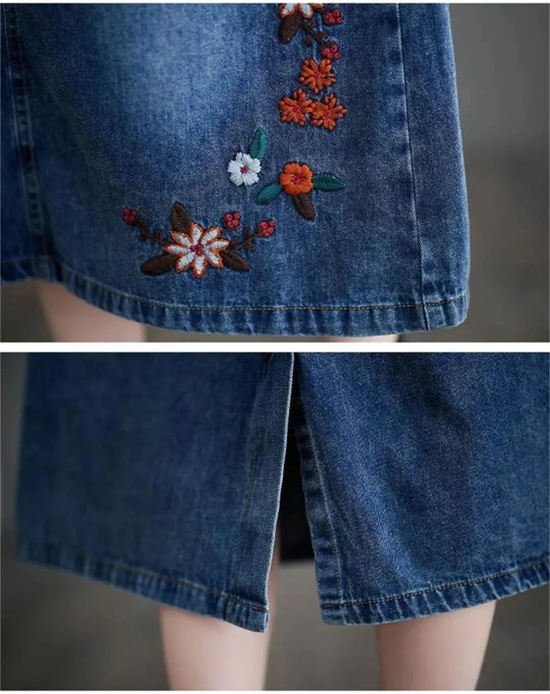 Female High Waisted Cowboy Embroidery Half Length Skirt Forking Over The Knee Mid Length Cowboy A-Line Skirts