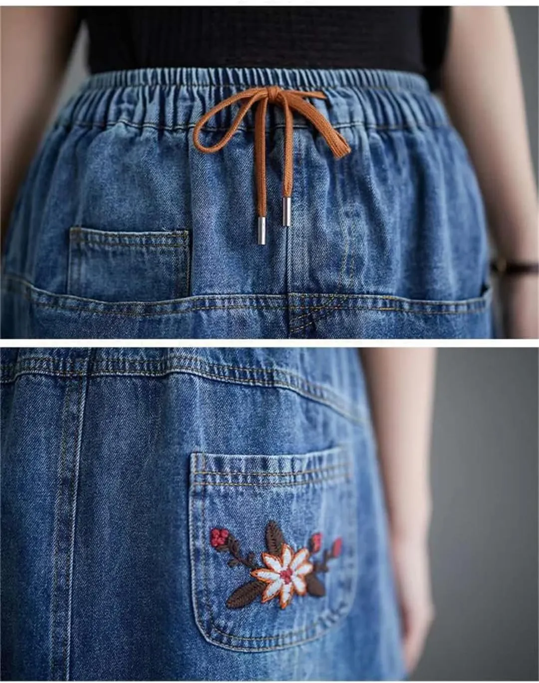 Female High Waisted Cowboy Embroidery Half Length Skirt Forking Over The Knee Mid Length Cowboy A-Line Skirts