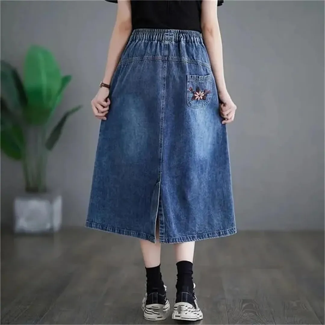 Female High Waisted Cowboy Embroidery Half Length Skirt Forking Over The Knee Mid Length Cowboy A-Line Skirts