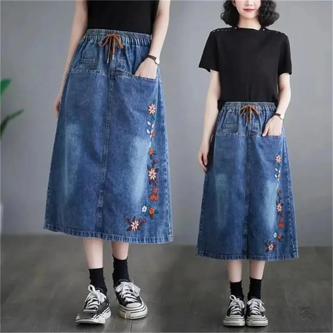 Female High Waisted Cowboy Embroidery Half Length Skirt Forking Over The Knee Mid Length Cowboy A-Line Skirts