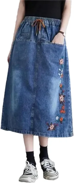 Female High Waisted Cowboy Embroidery Half Length Skirt Forking Over The Knee Mid Length Cowboy A-Line Skirts