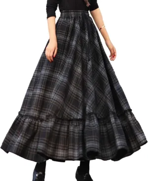 Femiserah Women's High Waist A Line Plaid Wool Skirt Long Maxi Ruffle Swing Skirt