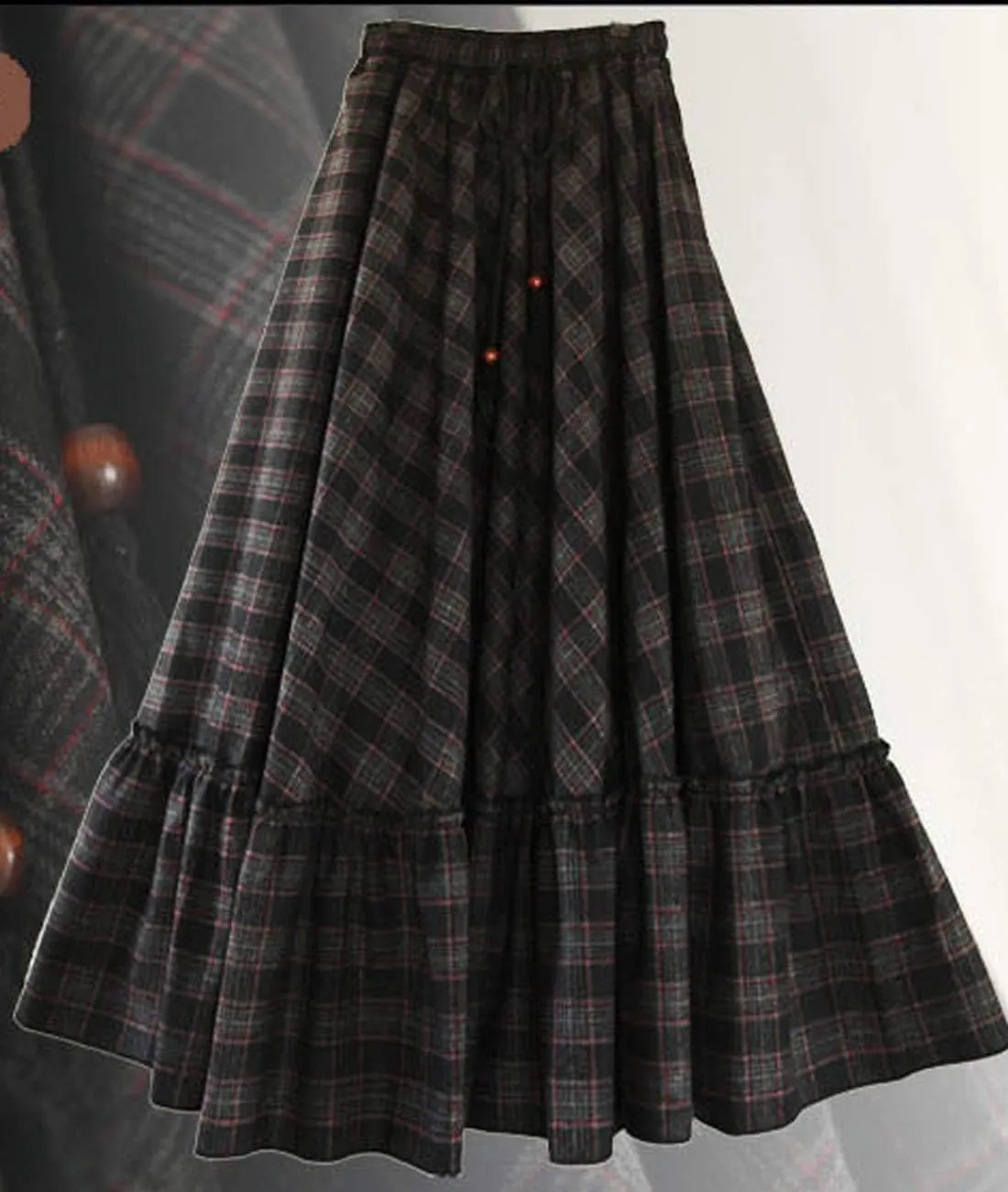 Femiserah Women's High Waist A Line Plaid Wool Skirt Long Maxi Ruffle Swing Skirt