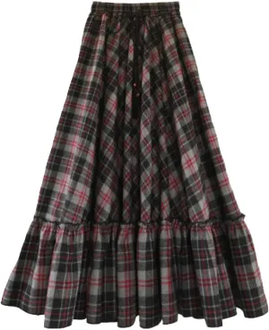 Femiserah Women's High Waist A Line Plaid Wool Skirt Long Maxi Ruffle Swing Skirt