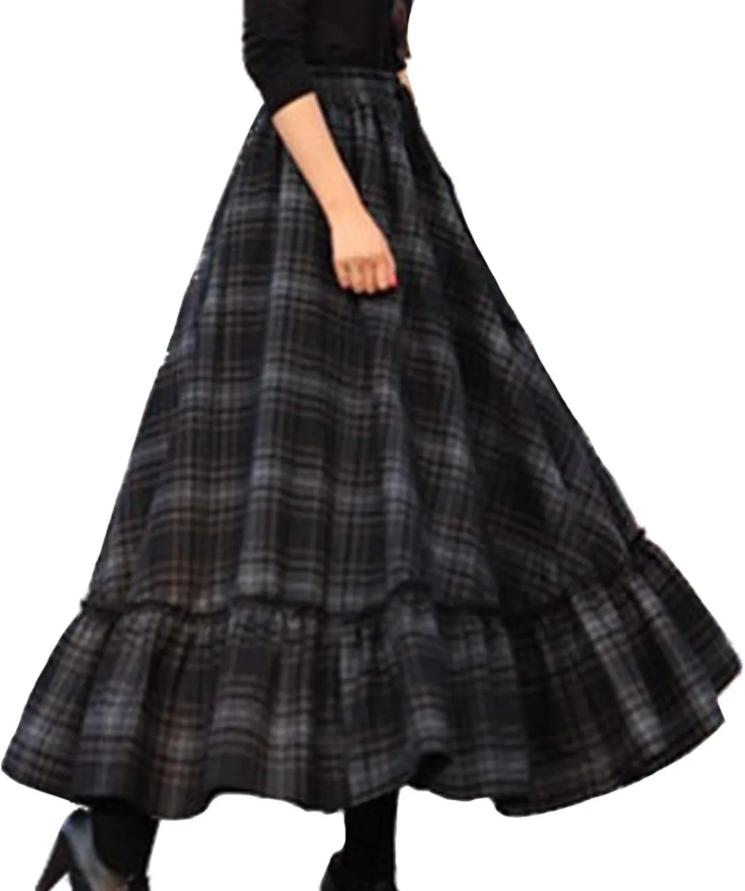Femiserah Women's High Waist A Line Plaid Wool Skirt Long Maxi Ruffle Swing Skirt