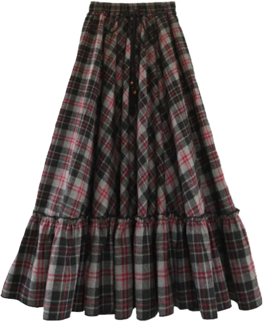 Femiserah Women's High Waist A Line Plaid Wool Skirt Long Maxi Ruffle Swing Skirt
