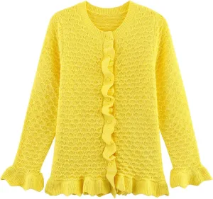 FindThy Womens Crochet Cardigan Sweater Trendy Crewneck Ruffle Long Sleeve Button Down Crop Knitwear Tops