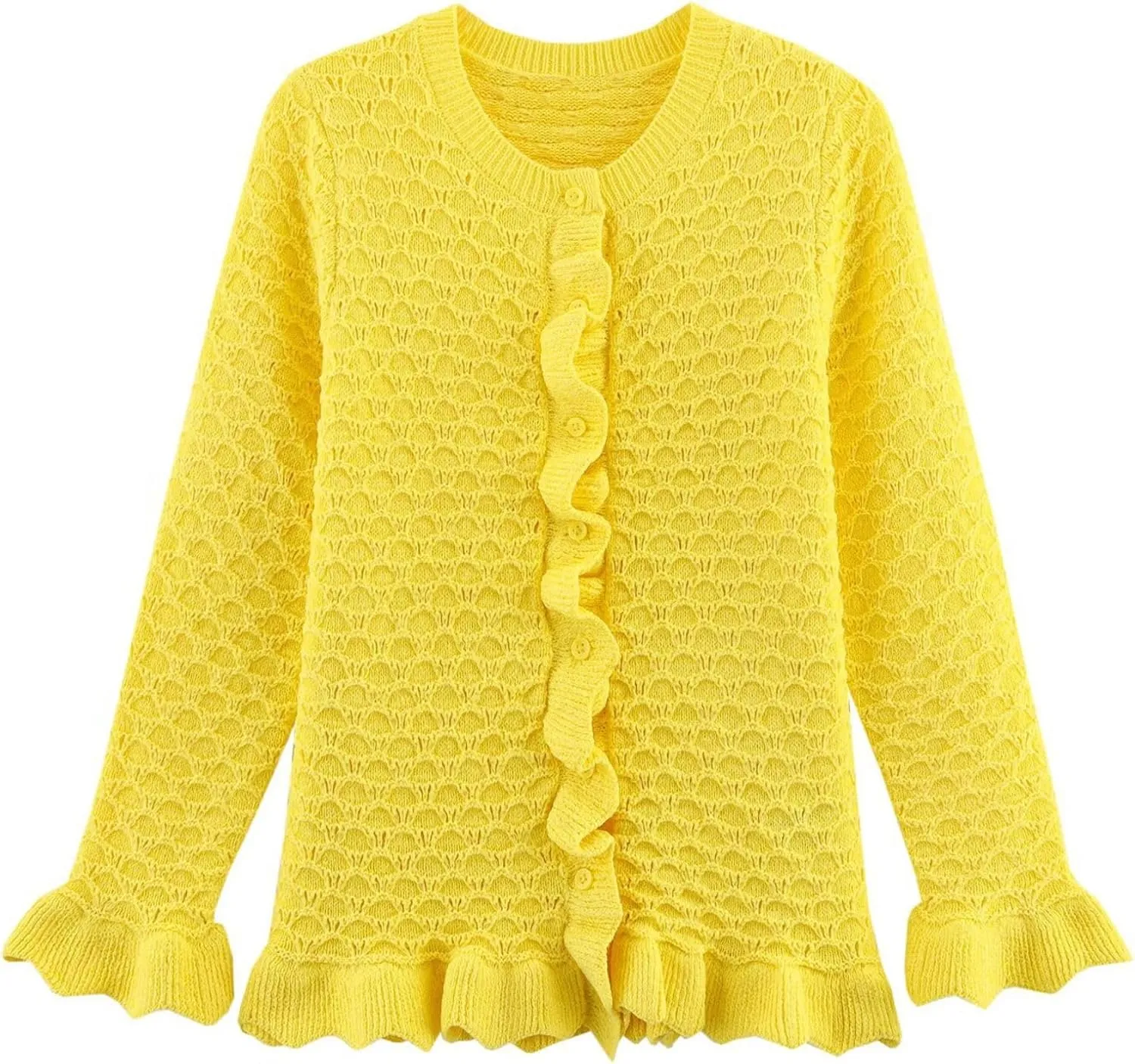 FindThy Womens Crochet Cardigan Sweater Trendy Crewneck Ruffle Long Sleeve Button Down Crop Knitwear Tops