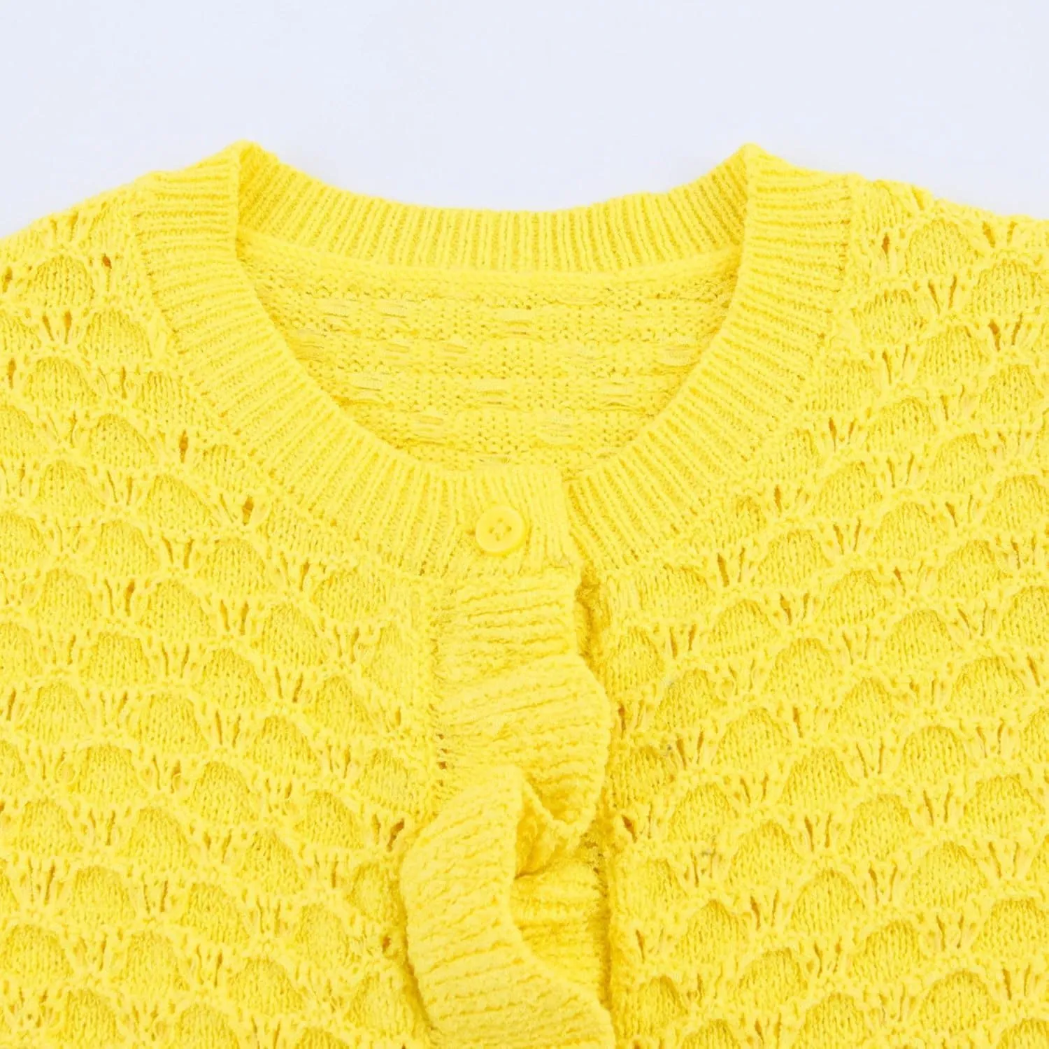 FindThy Womens Crochet Cardigan Sweater Trendy Crewneck Ruffle Long Sleeve Button Down Crop Knitwear Tops