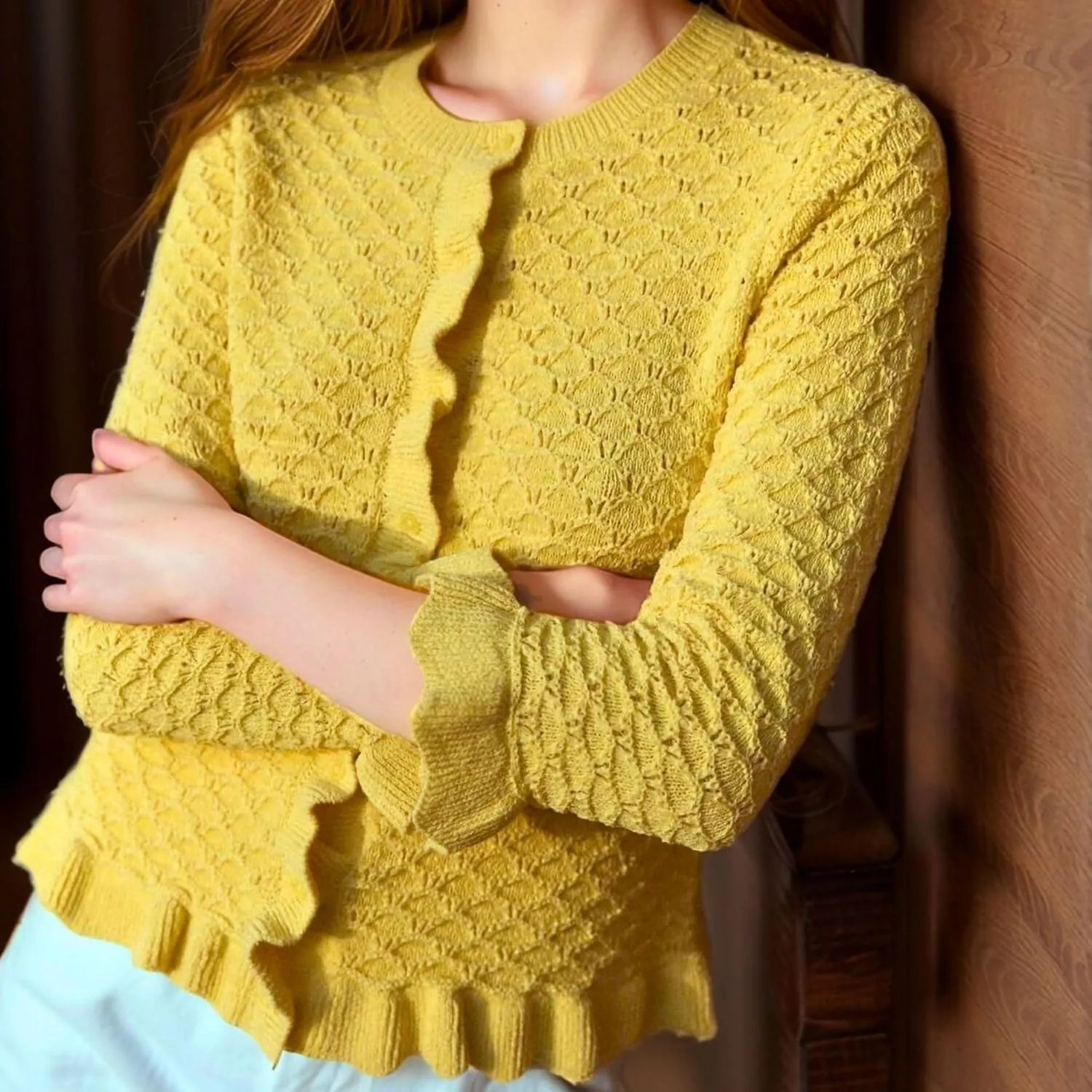 FindThy Womens Crochet Cardigan Sweater Trendy Crewneck Ruffle Long Sleeve Button Down Crop Knitwear Tops