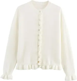 FindThy Womens Cropped Cardigan Sweater Trendy Crewneck Ruffle Long Sleeve Button Down Knitwear Tops