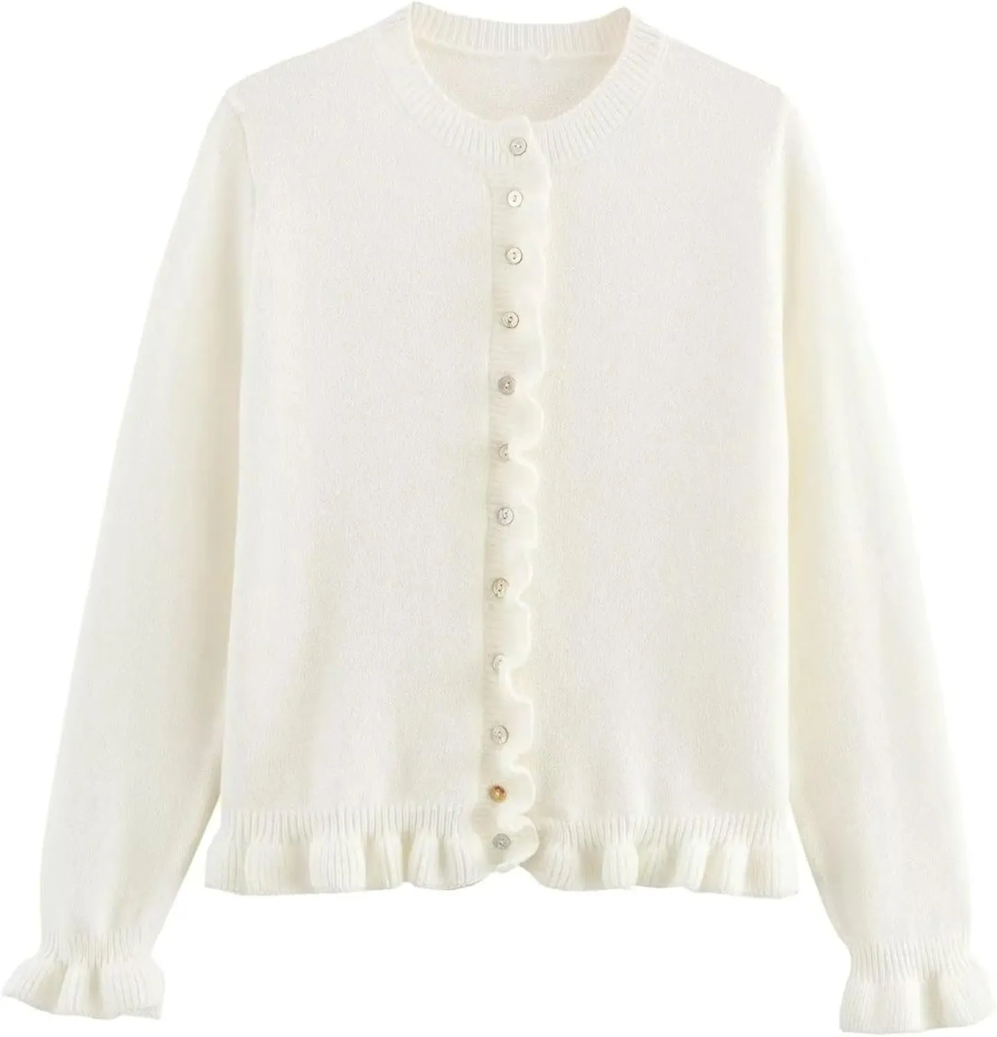 FindThy Womens Cropped Cardigan Sweater Trendy Crewneck Ruffle Long Sleeve Button Down Knitwear Tops