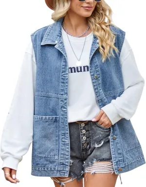 FindThy Womens Vintage Denim Jean Vest Oversized Button Down Jean Waistcoat Gilet