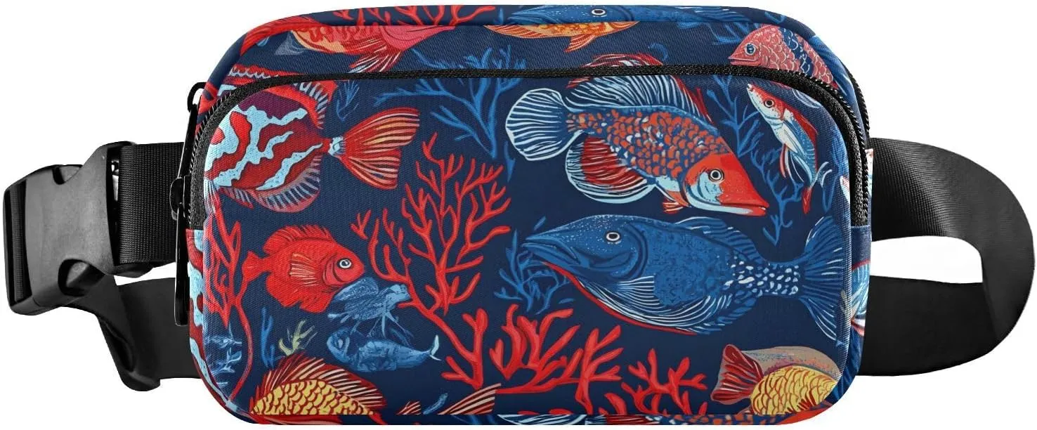 Fishes Pattern Fanny Pack Water Resistant, Women Men Waist Pack Sling Bag Purse for Travel Hiking