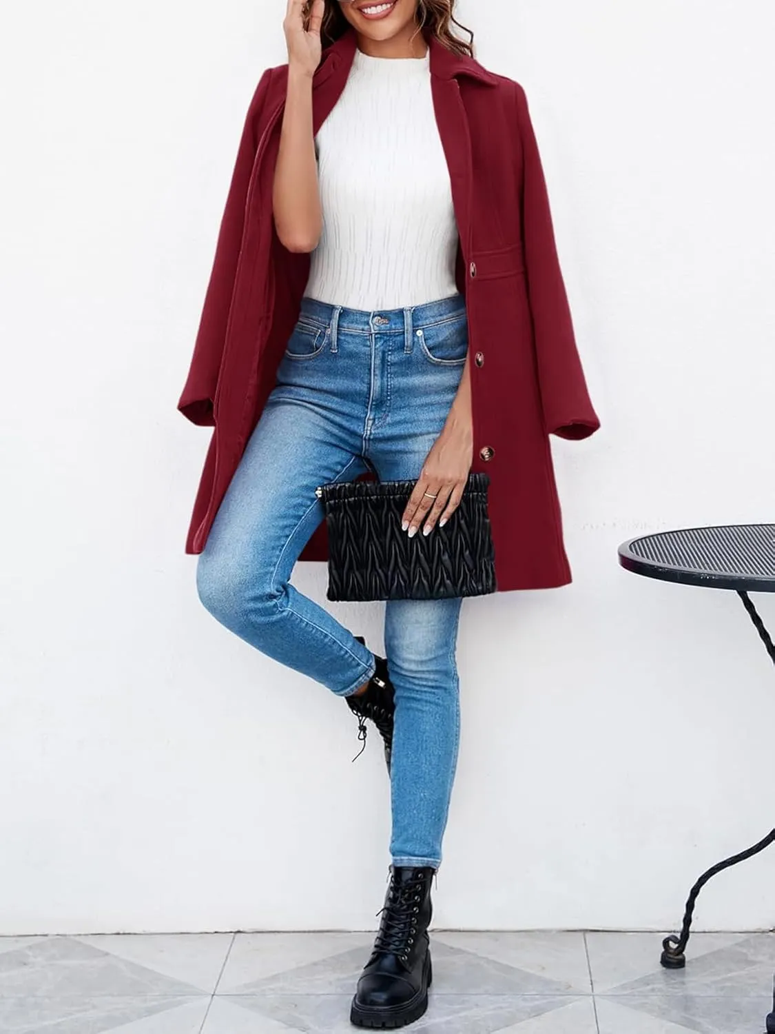 Fisoew Women's Elegant Single Breasted Coat Long Sleeve Mid Winter Overcoat Work Office Pea Coats