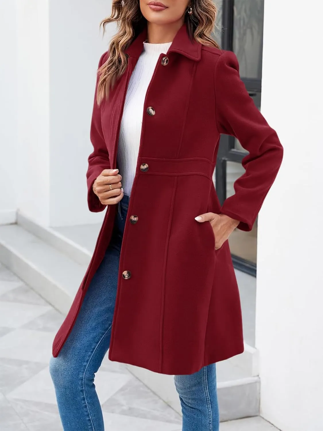 Fisoew Women's Elegant Single Breasted Coat Long Sleeve Mid Winter Overcoat Work Office Pea Coats