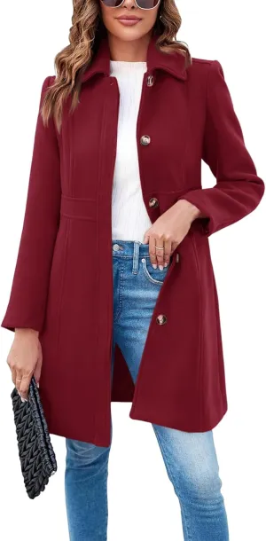 Fisoew Women's Elegant Single Breasted Coat Long Sleeve Mid Winter Overcoat Work Office Pea Coats