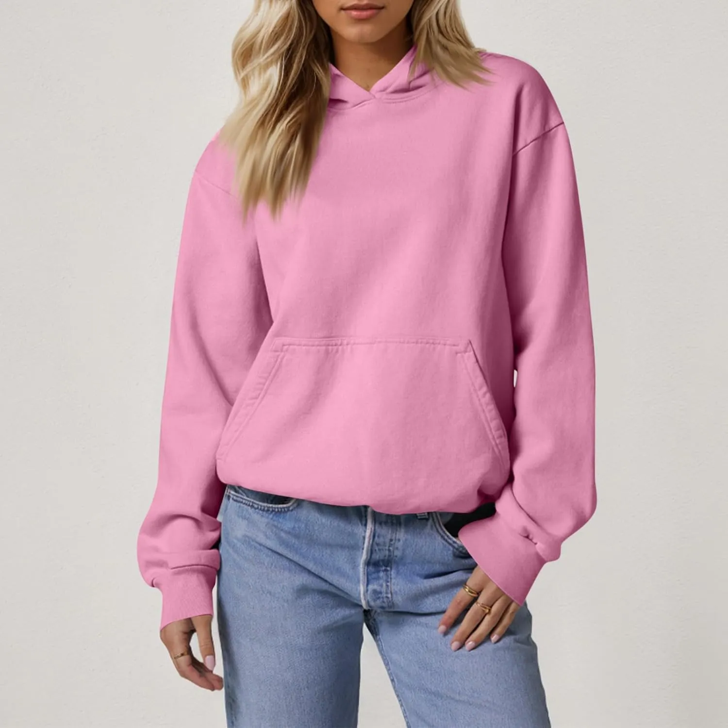 Fleece Hoodie Women Oversized Plain Hooded Sweatshirt Casual Long Sleeve Pullover Tops Comfy Drop Shoulder Sweater