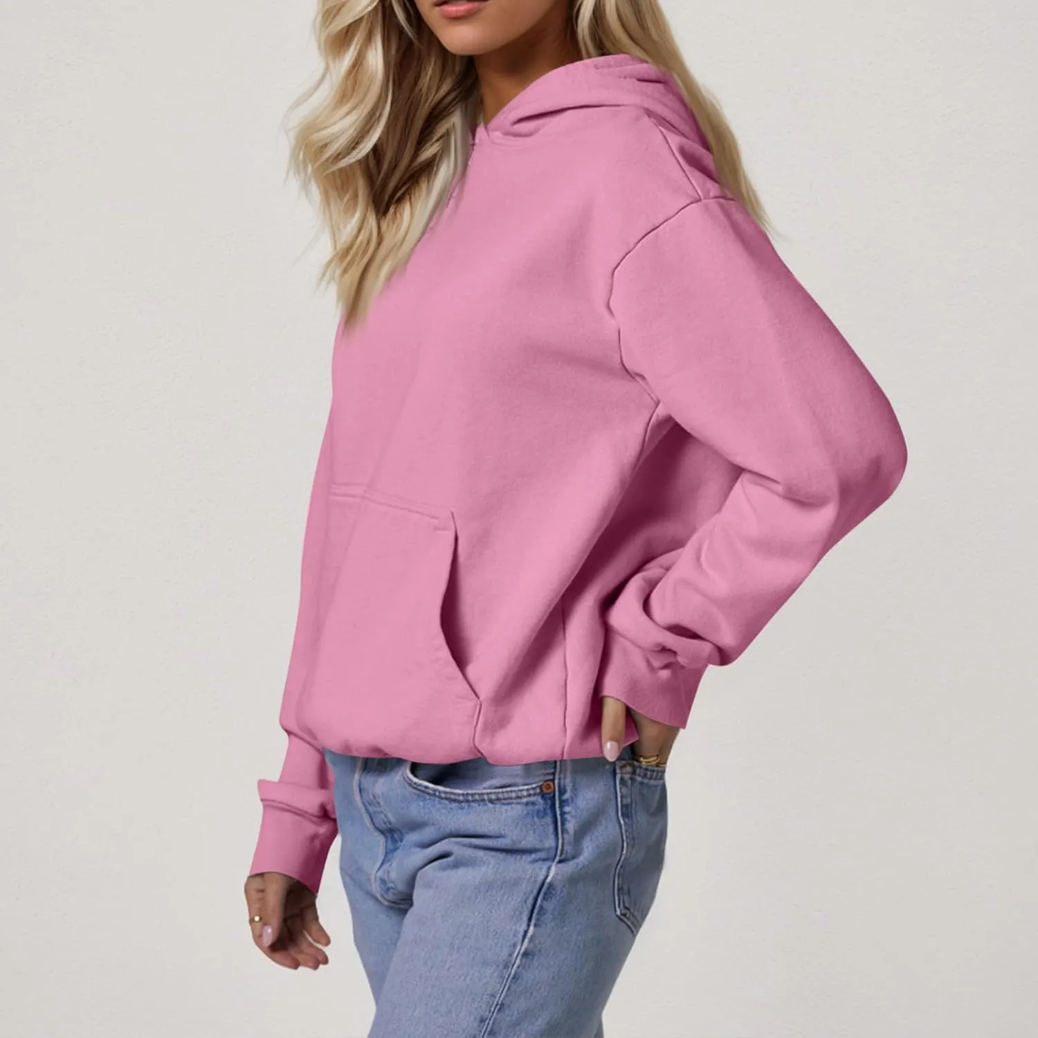Fleece Hoodie Women Oversized Plain Hooded Sweatshirt Casual Long Sleeve Pullover Tops Comfy Drop Shoulder Sweater