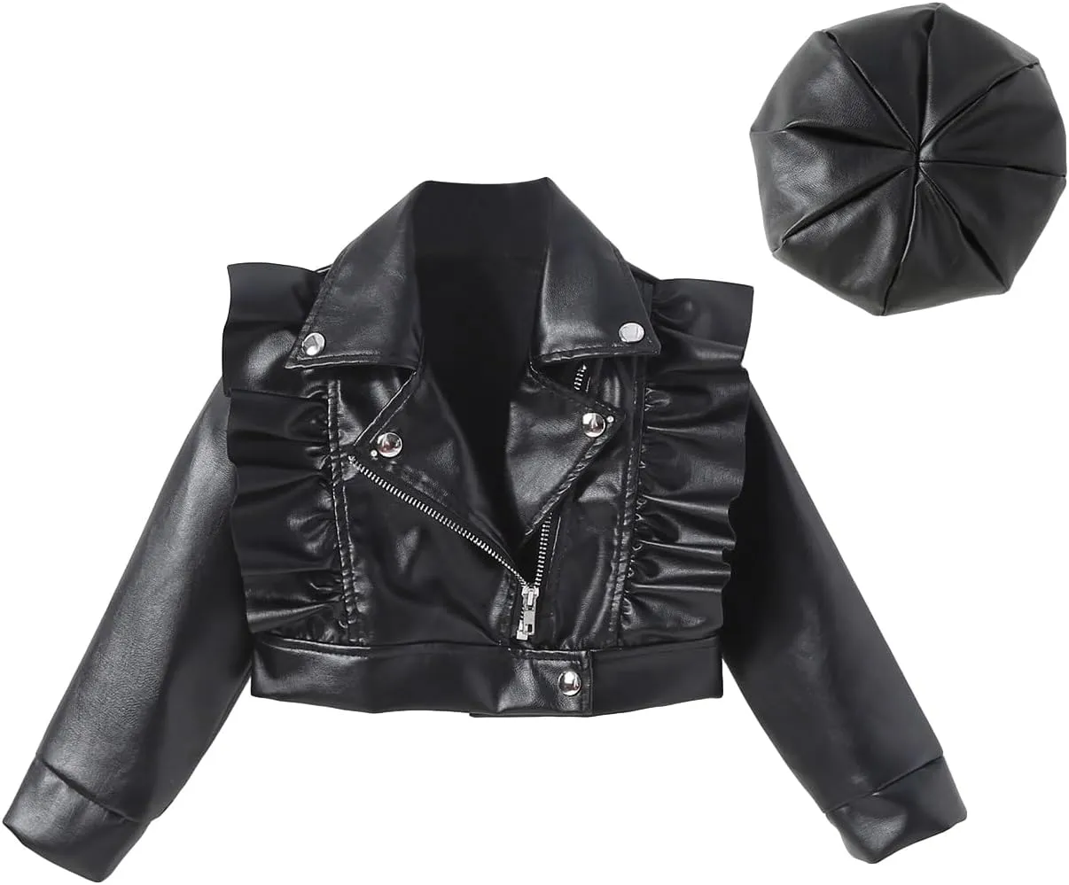 Floerns Toddler Girl's PU Leather Long Sleeve Biker Coats Motorcycle Jacket with Hat