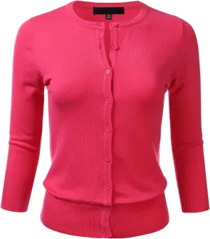 FLORIA Women's Button Down 3/4 Sleeve Crew Neck Knit Cardigan Sweater (S-3X)