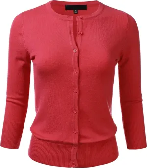 FLORIA Women's Button Down 3/4 Sleeve Crew Neck Knit Cardigan Sweater (S-3X)