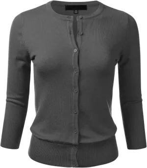 FLORIA Women's Button Down 3/4 Sleeve Crew Neck Knit Cardigan Sweater (S-3X)