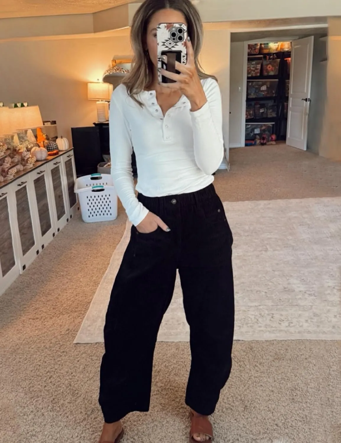 Flygo Womens Corduroy Pants Mid Rise Corduroy Barrel Pants Wide Leg Elastic Waist Cord Pants Casual Baggy Trousers