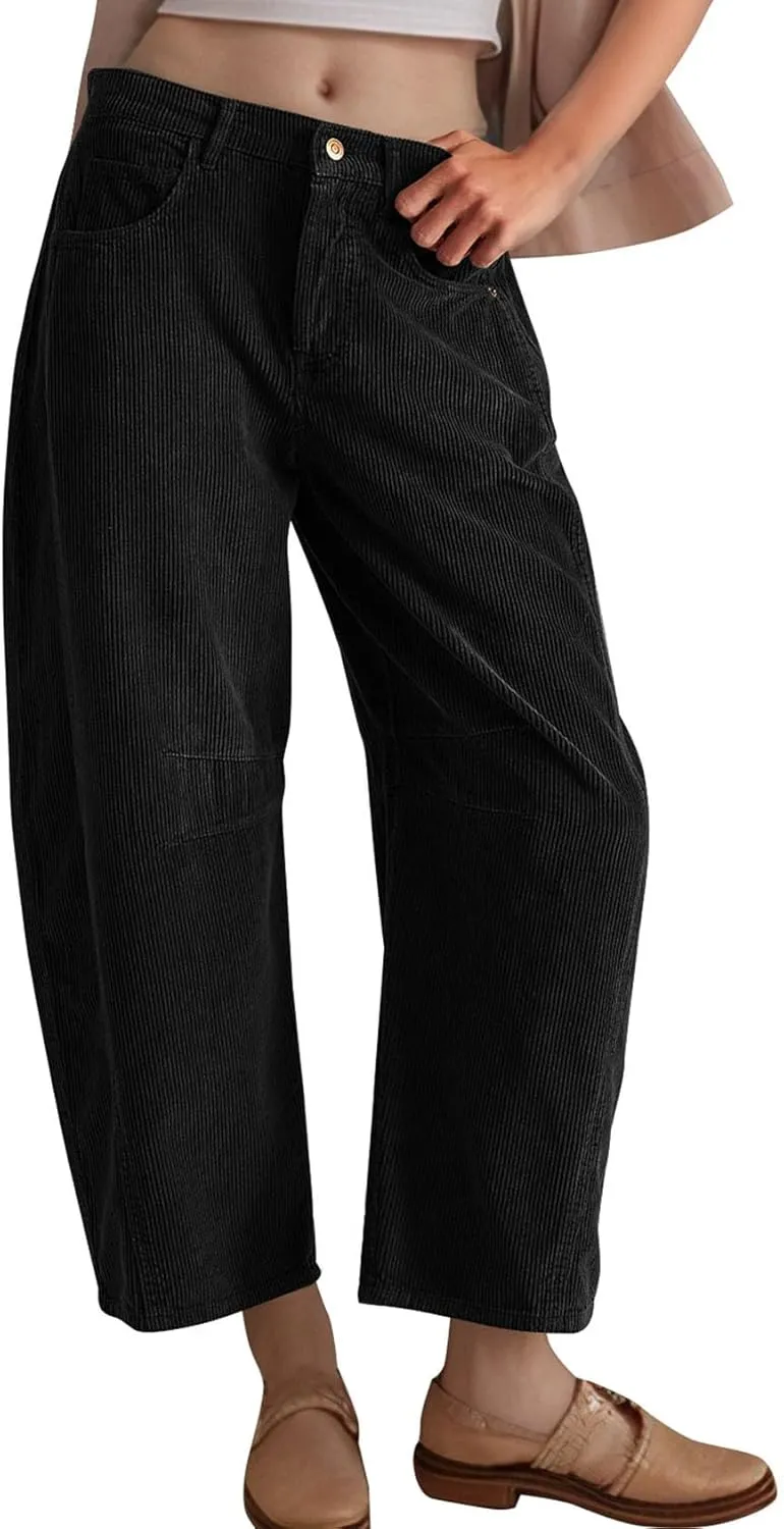 Flygo Womens Corduroy Pants Mid Rise Corduroy Barrel Pants Wide Leg Elastic Waist Cord Pants Casual Baggy Trousers