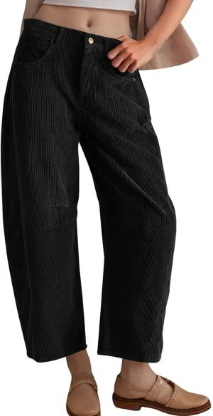 Flygo Womens Corduroy Pants Mid Rise Corduroy Barrel Pants Wide Leg Elastic Waist Cord Pants Casual Baggy Trousers