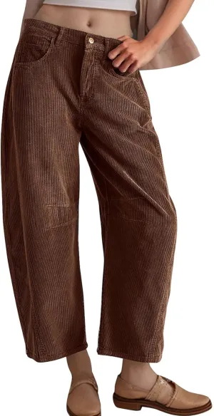 Flygo Womens Corduroy Pants Mid Rise Corduroy Barrel Pants Wide Leg Elastic Waist Cord Pants Casual Baggy Trousers