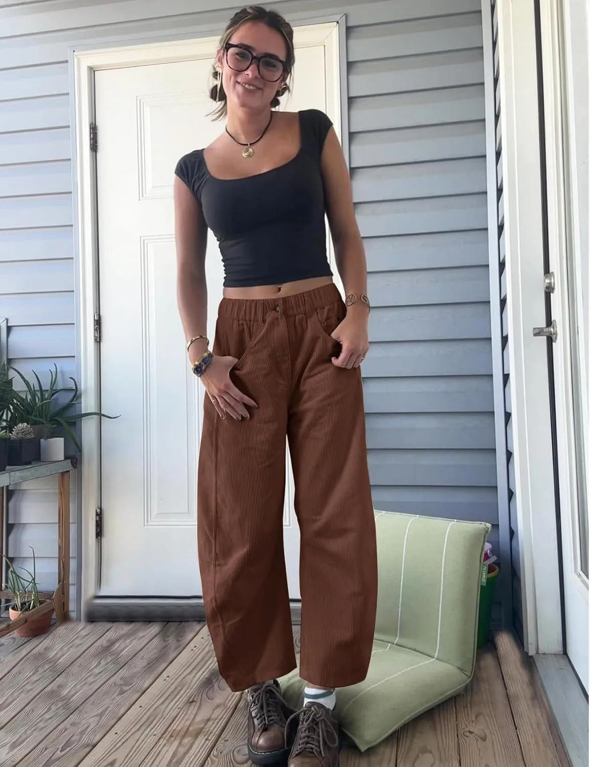 Flygo Womens Corduroy Pants Mid Rise Corduroy Barrel Pants Wide Leg Elastic Waist Cord Pants Casual Baggy Trousers