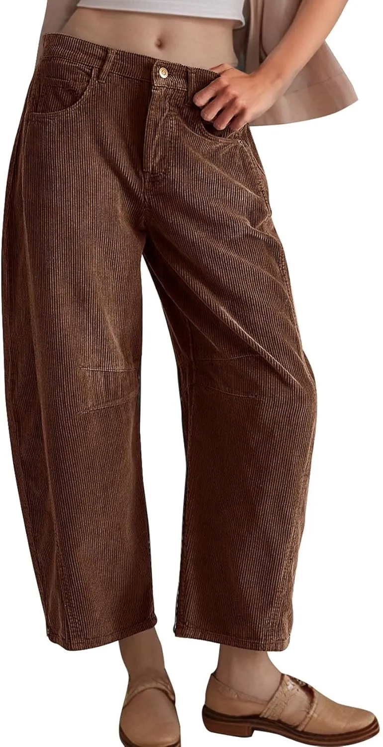Flygo Womens Corduroy Pants Mid Rise Corduroy Barrel Pants Wide Leg Elastic Waist Cord Pants Casual Baggy Trousers