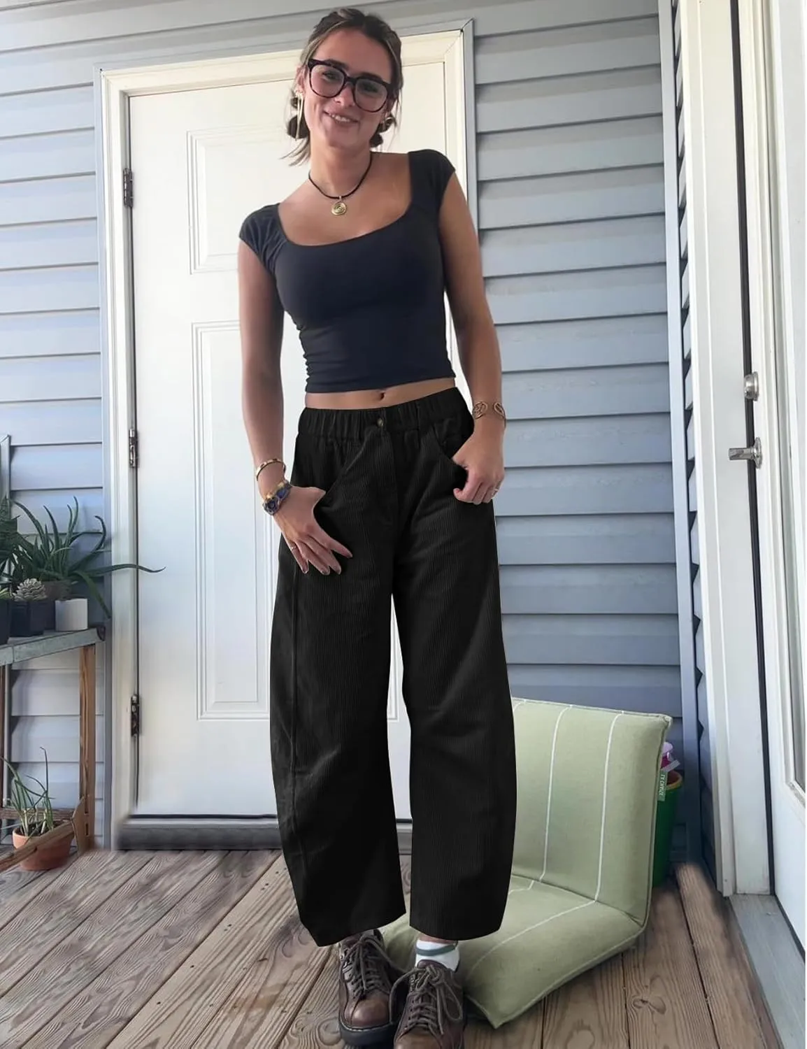Flygo Womens Corduroy Pants Mid Rise Corduroy Barrel Pants Wide Leg Elastic Waist Cord Pants Casual Baggy Trousers