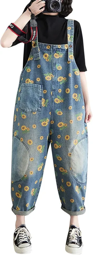 Flygo Womens Overalls Loose Floral Printed Distressed Denim Jeans Cropped Harem Pant Baggy Jumpsuits with Pockets(Style05Blue-S)