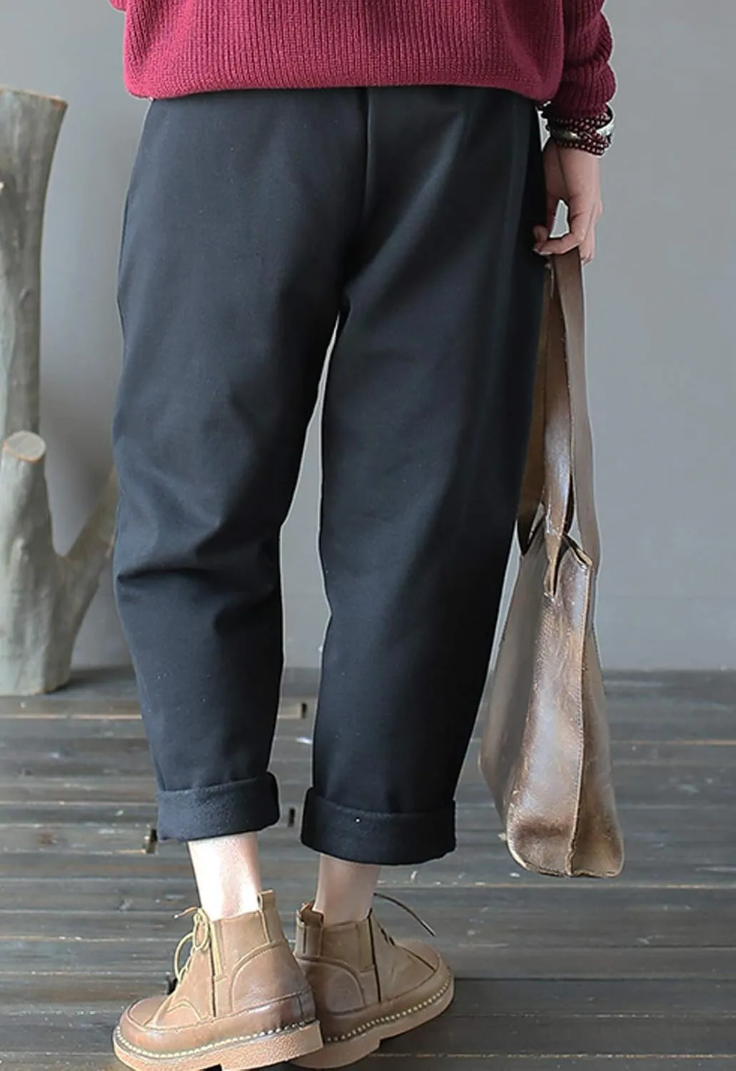 Flygo Womens Retro Casual High Waisted Wide Leg Harem Pants Trousers with Pockets