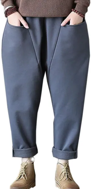 Flygo Womens Retro Casual High Waisted Wide Leg Harem Pants Trousers with Pockets