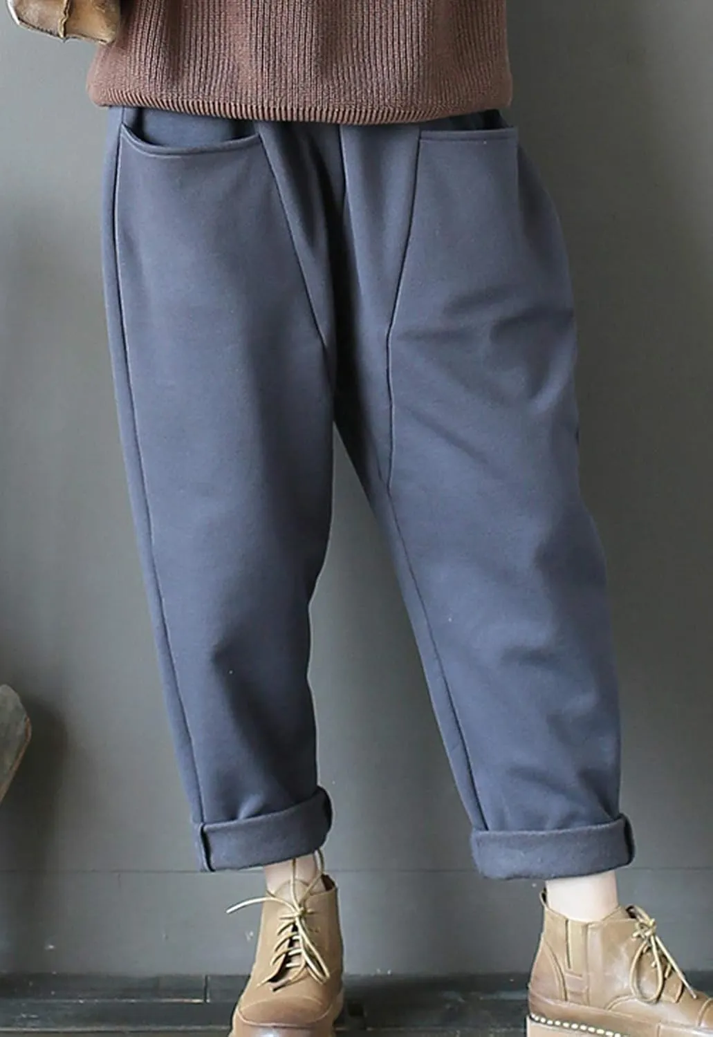 Flygo Womens Retro Casual High Waisted Wide Leg Harem Pants Trousers with Pockets