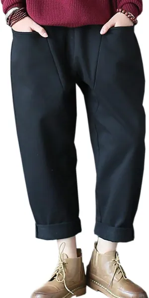 Flygo Womens Retro Casual High Waisted Wide Leg Harem Pants Trousers with Pockets