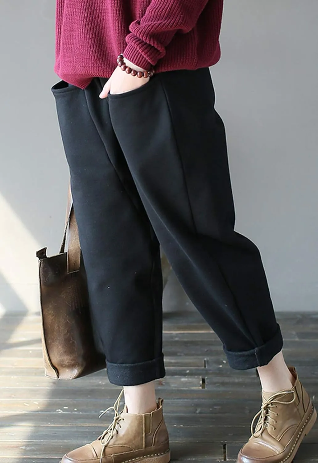 Flygo Womens Retro Casual High Waisted Wide Leg Harem Pants Trousers with Pockets