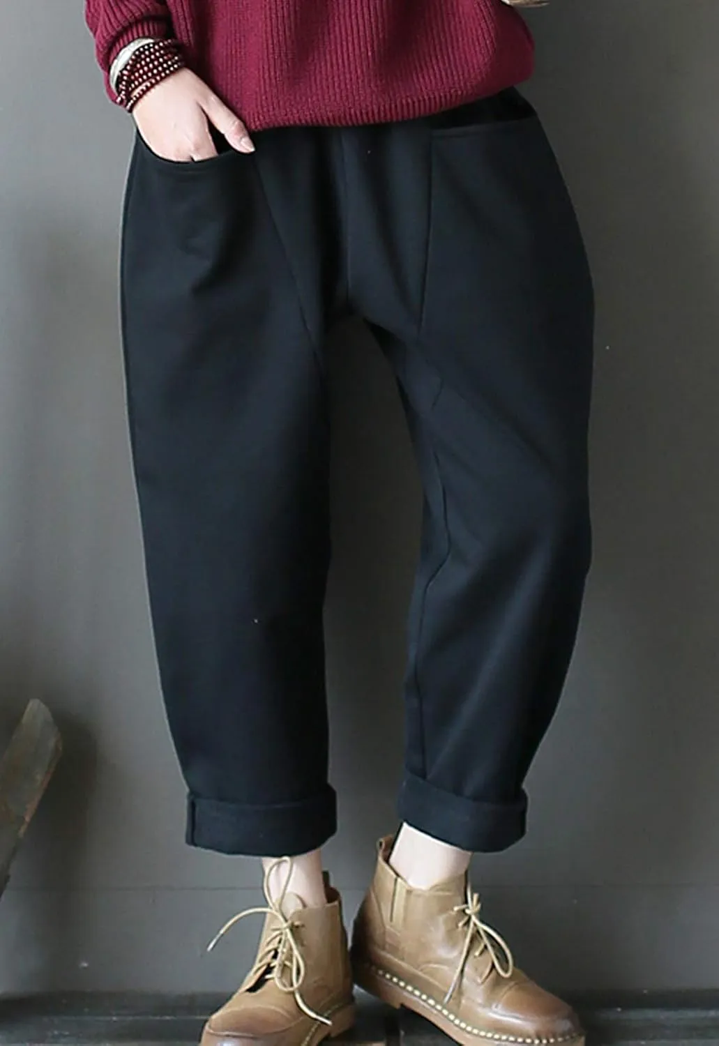 Flygo Womens Retro Casual High Waisted Wide Leg Harem Pants Trousers with Pockets