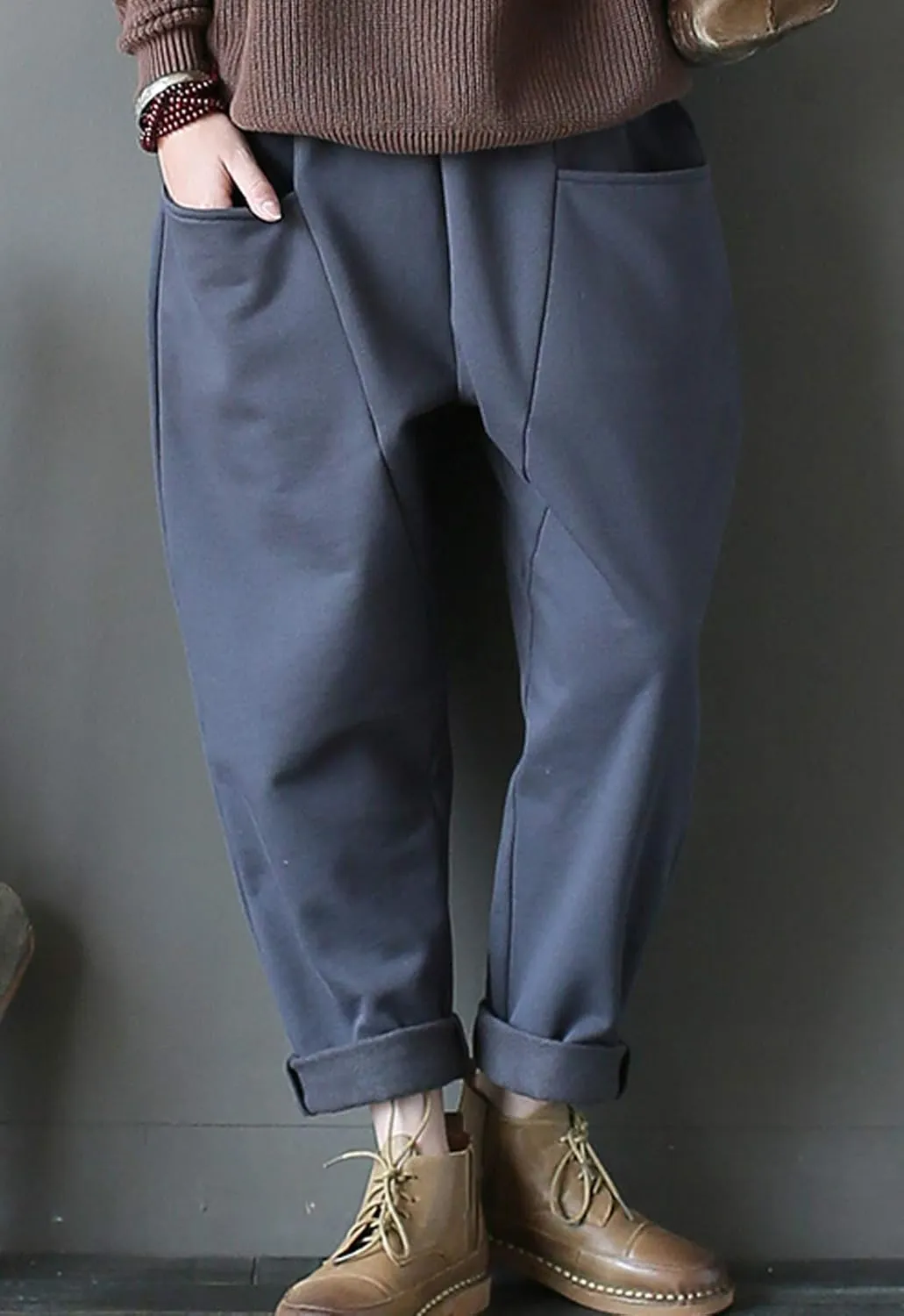 Flygo Womens Retro Casual High Waisted Wide Leg Harem Pants Trousers with Pockets