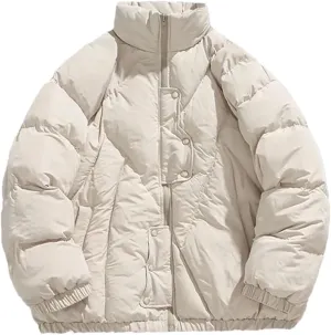 Fnfmrfmr Men Solid Cotton Padded Jacket Long Sleeve Stand Collar Zipper Button Warm Casual Coat
