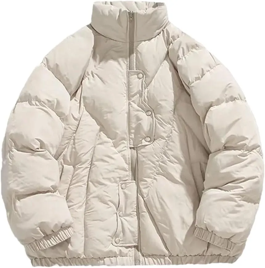 Fnfmrfmr Men Solid Cotton Padded Jacket Long Sleeve Stand Collar Zipper Button Warm Casual Coat