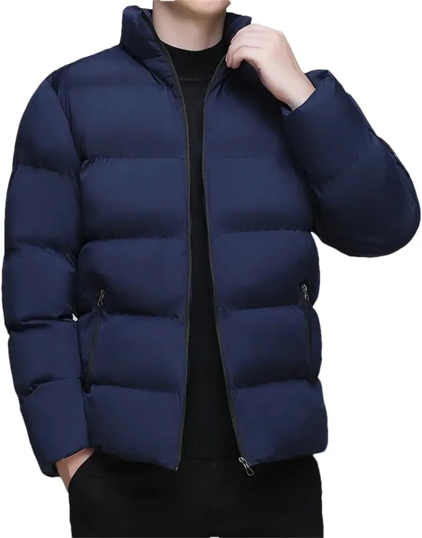 Fnfmrfmr Men Solid Stand Collar Puffer Jackets Long Sleeve Zipper Warm Cotton Padded Parkas Coat