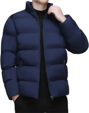 Fnfmrfmr Men Solid Stand Collar Puffer Jackets Long Sleeve Zipper Warm Cotton Padded Parkas Coat